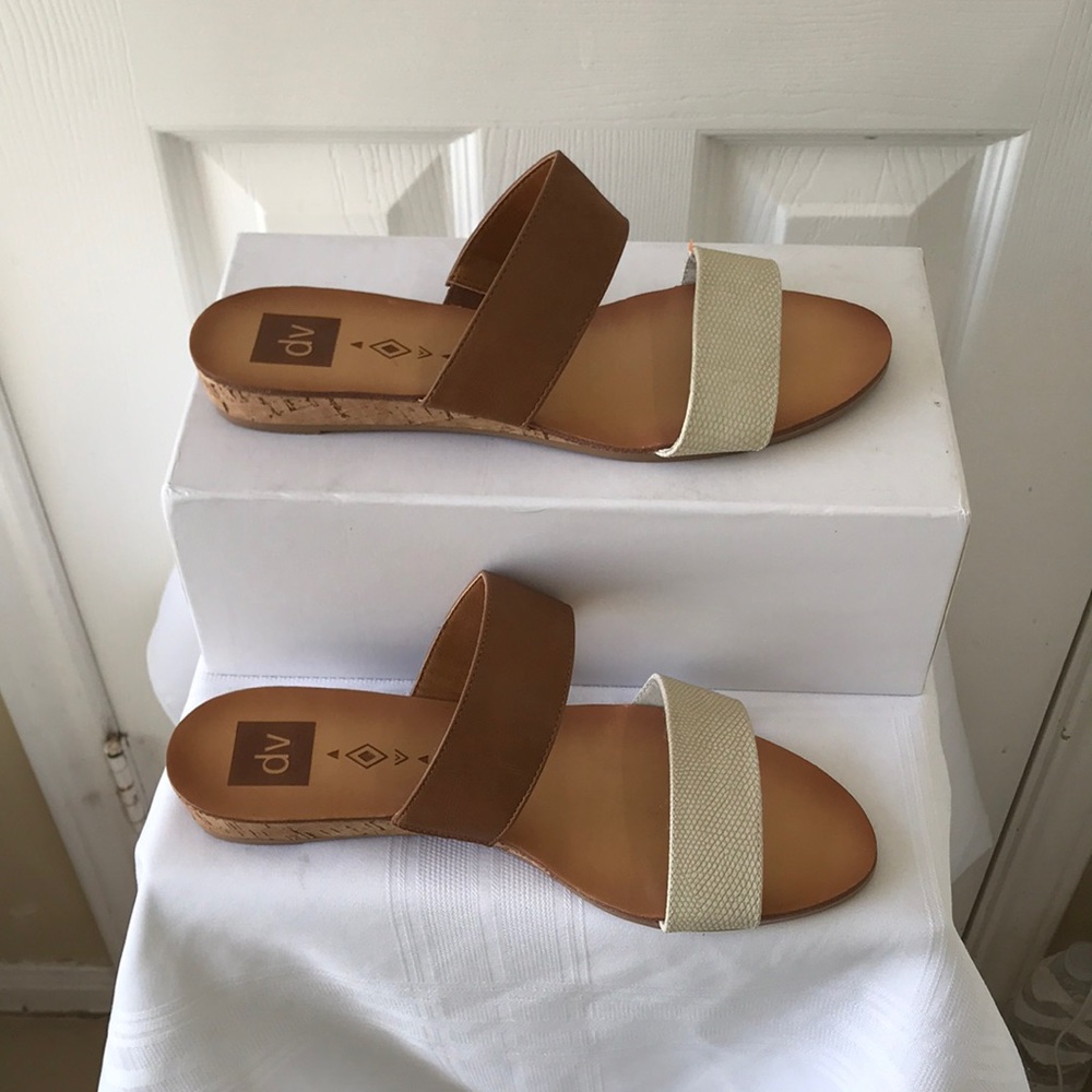 DV by Dolce Vita Two-Tone Tan and Cream Wedge Slide Sandals